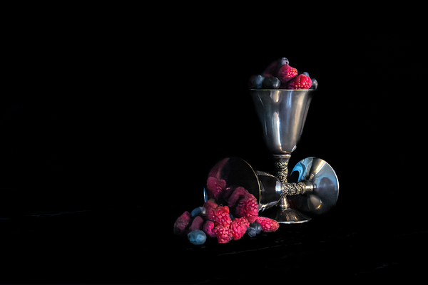 Raspberries and Blueberries in Silver Goblets Print