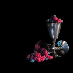 Raspberries and Blueberries in Silver Goblets